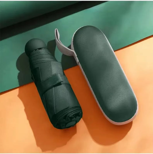 Portable Mini Capsule Umbrella - Dual Use Sunshade and Rain Protection with Black Rubber Alloy Handle, Foldable Design