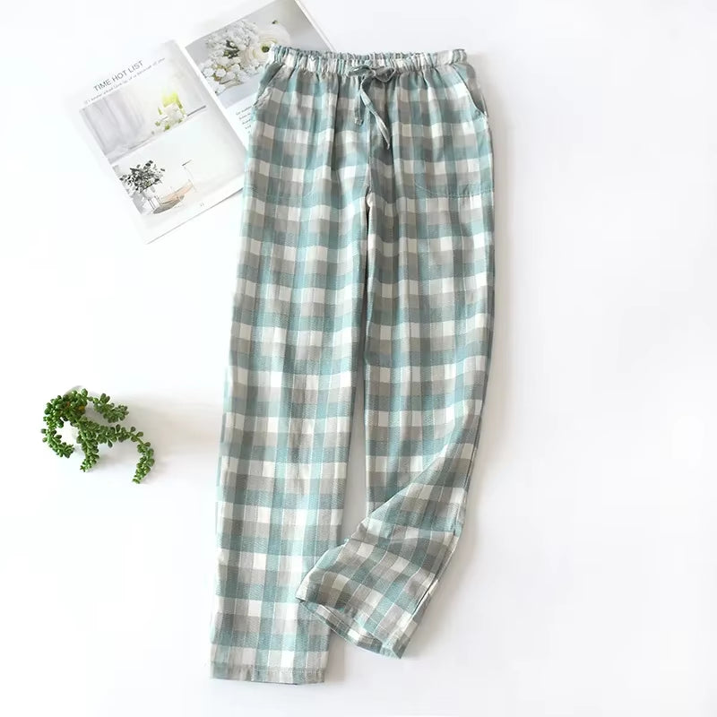 Men's Cotton Gauze Plaid Sleep Pants and Women's Pajama Bottoms for Couples