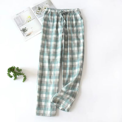 Men's Cotton Gauze Plaid Sleep Pants and Women's Pajama Bottoms for Couples