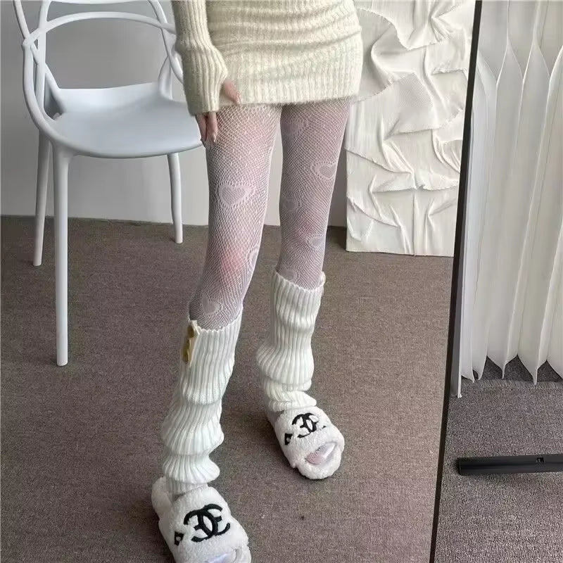 Women's Knitted Long Socks and Arm Warmers - Crochet Leg Warmers for Autumn and Winter in White