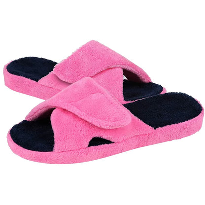 Women's Terry Cloth Fuzzy House Slippers with Arch Support - Open Toe Cotton Indoor Footwear for All Seasons