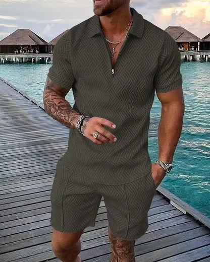 2026 Men's Fashion Polo Set - Solid Summer V-Neck Zipper Short Sleeve Shirt and Shorts Two-Piece Casual Suit