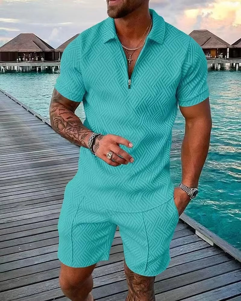 2026 Men's Fashion Polo Set - Solid Summer V-Neck Zipper Short Sleeve Shirt and Shorts Two-Piece Casual Suit