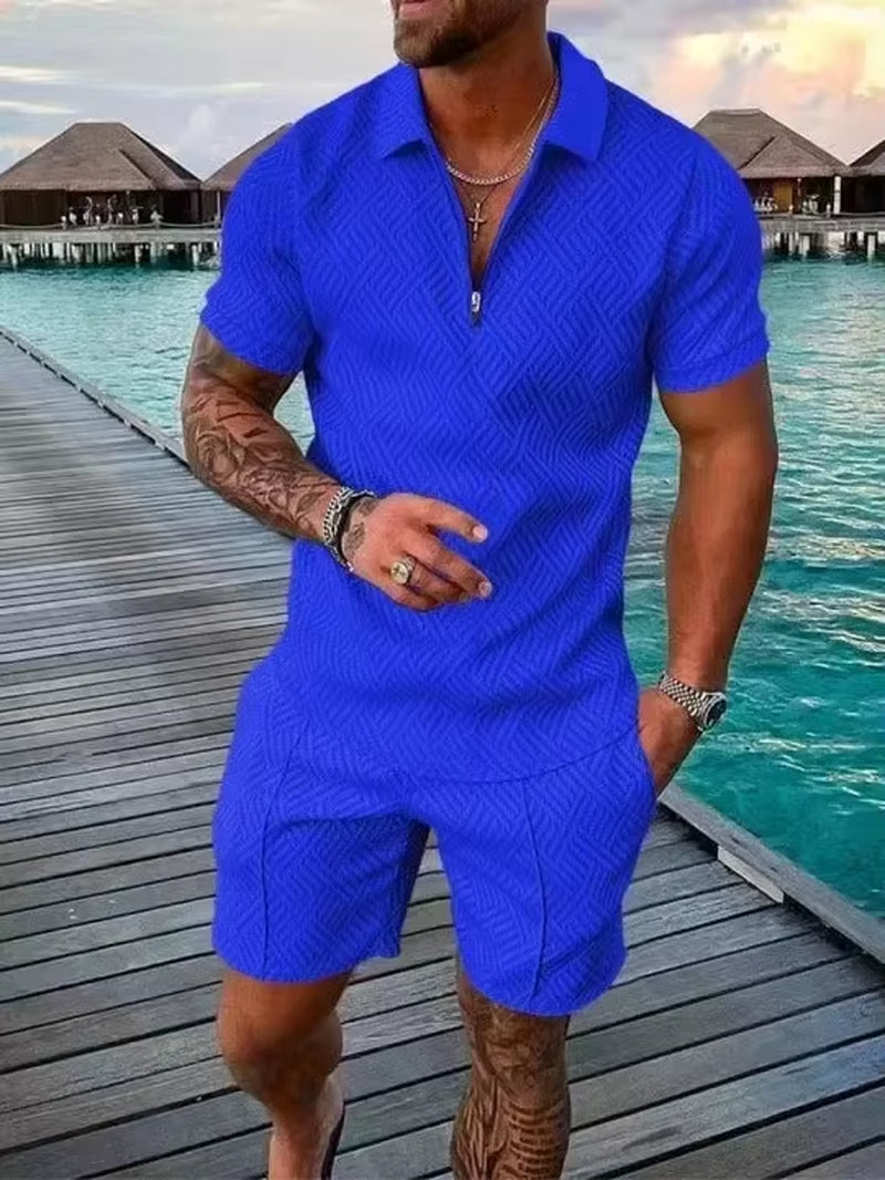 2026 Men's Fashion Polo Set - Solid Summer V-Neck Zipper Short Sleeve Shirt and Shorts Two-Piece Casual Suit