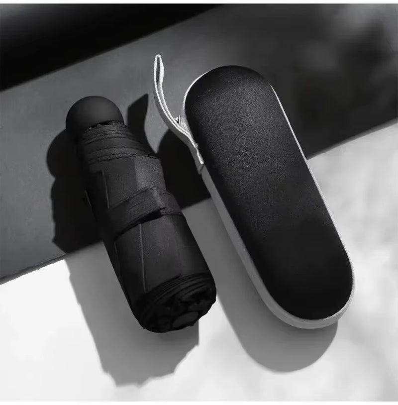 Portable Mini Capsule Umbrella - Dual Use Sunshade and Rain Protection with Black Rubber Alloy Handle, Foldable Design