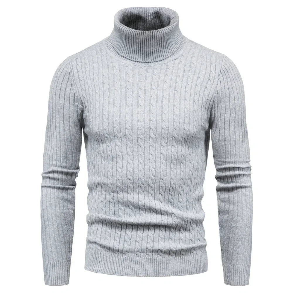 Men's Slim Fit Turtleneck Sweater - Solid Color Knit Pullover for Autumn and Winter