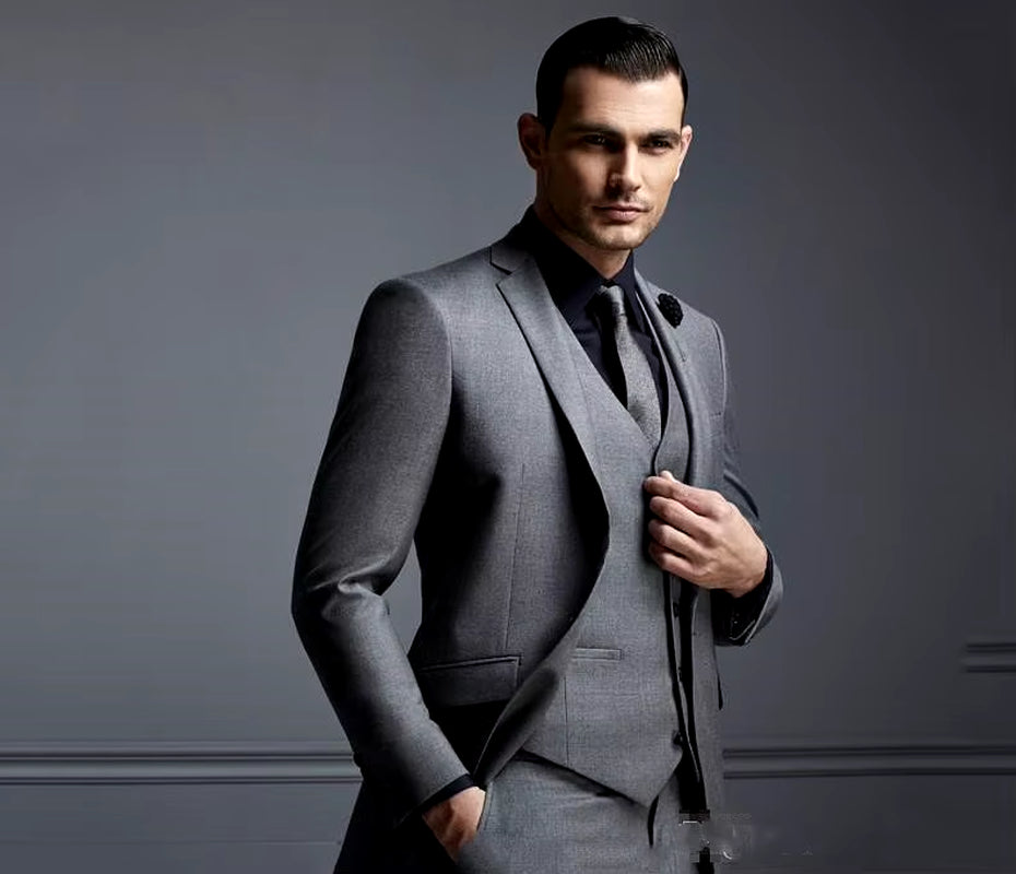 Men's Slim Fit Grey Suit Set for Weddings - Affordable Groom Tuxedo with Jacket, Vest, and Pants