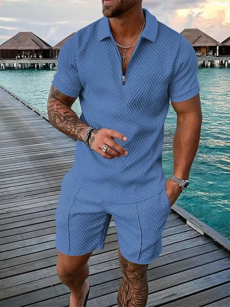 2026 Men's Fashion Polo Set - Solid Summer V-Neck Zipper Short Sleeve Shirt and Shorts Two-Piece Casual Suit