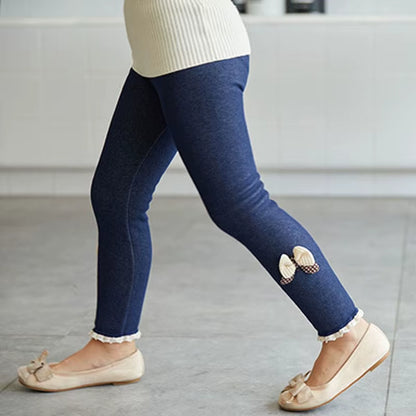 Girls' Thick Warm Jean Leggings with Bow Detail - Winter and Spring Trousers for Kids