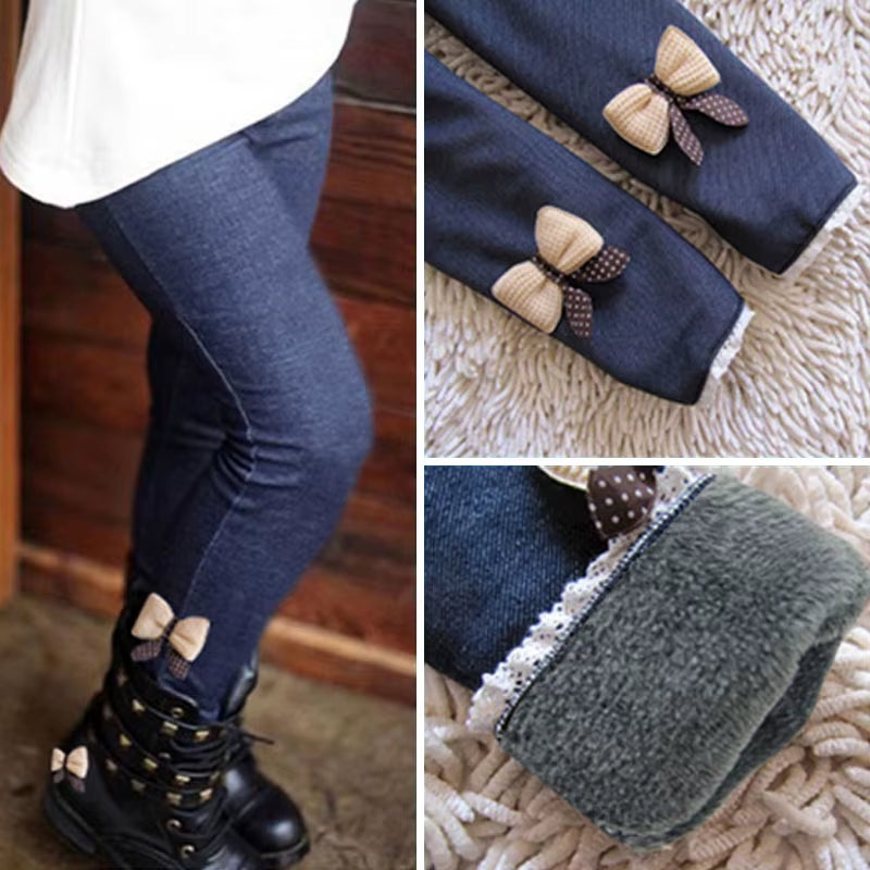 Girls' Thick Warm Jean Leggings with Bow Detail - Winter and Spring Trousers for Kids