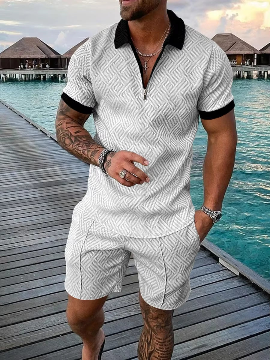 2026 Men's Fashion Polo Set - Solid Summer V-Neck Zipper Short Sleeve Shirt and Shorts Two-Piece Casual Suit