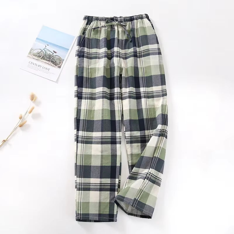 Men's Cotton Gauze Plaid Sleep Pants and Women's Pajama Bottoms for Couples