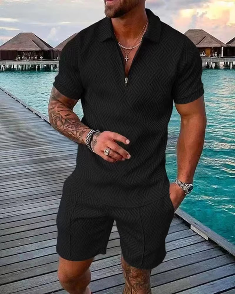 2026 Men's Fashion Polo Set - Solid Summer V-Neck Zipper Short Sleeve Shirt and Shorts Two-Piece Casual Suit