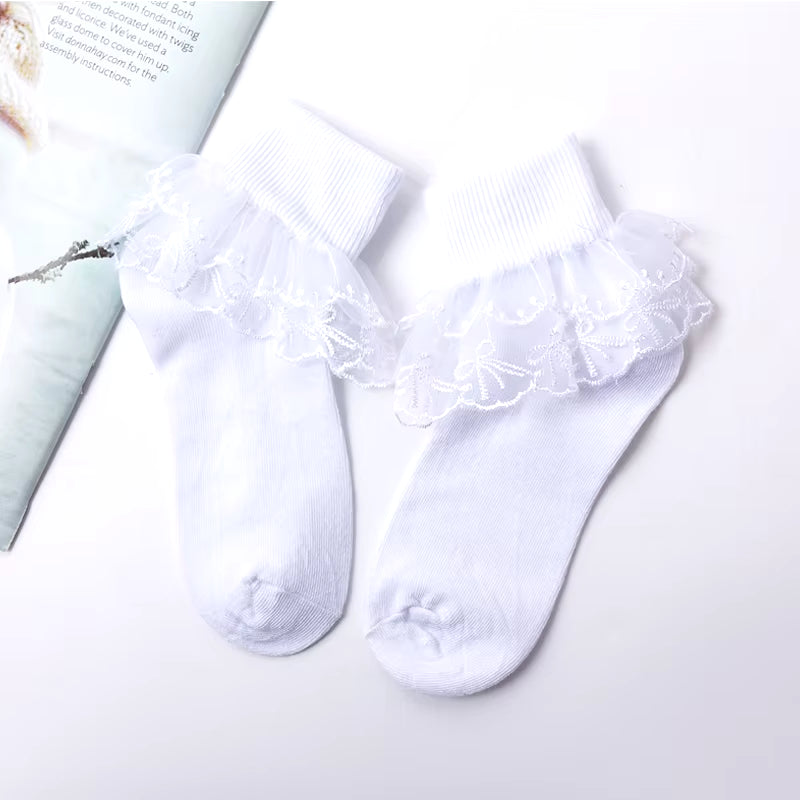 Girls' Cotton Lace Socks - White Princess Dance Socks for Children