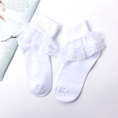 Girls' Cotton Lace Socks - White Princess Dance Socks for Children