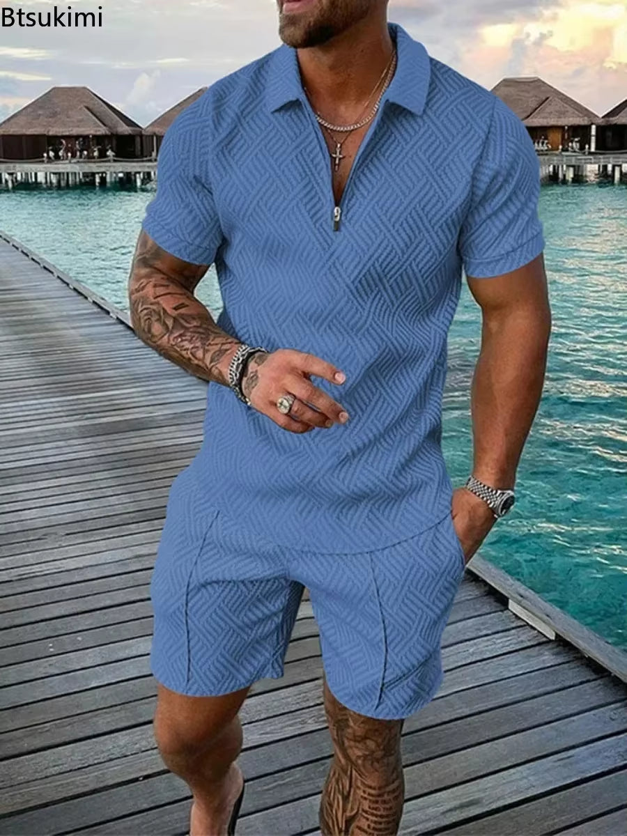 2026 Men's Fashion Polo Set - Solid Summer V-Neck Zipper Short Sleeve Shirt and Shorts Two-Piece Casual Suit