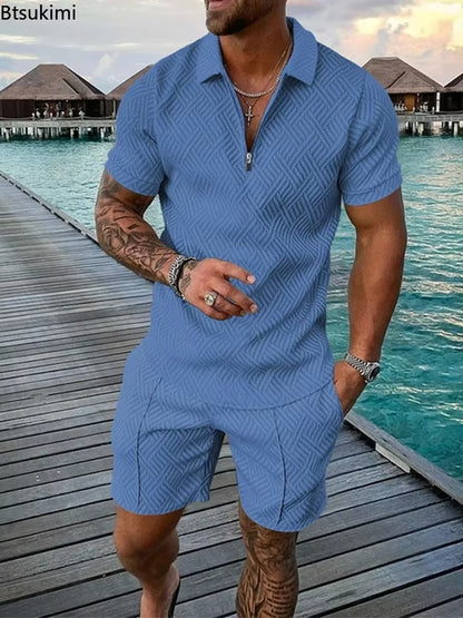2026 Men's Fashion Polo Set - Solid Summer V-Neck Zipper Short Sleeve Shirt and Shorts Two-Piece Casual Suit