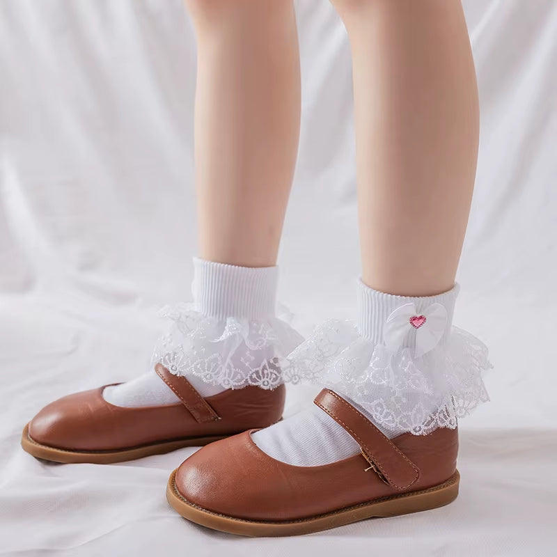 Girls' Cotton Lace Socks - White Princess Dance Socks for Children