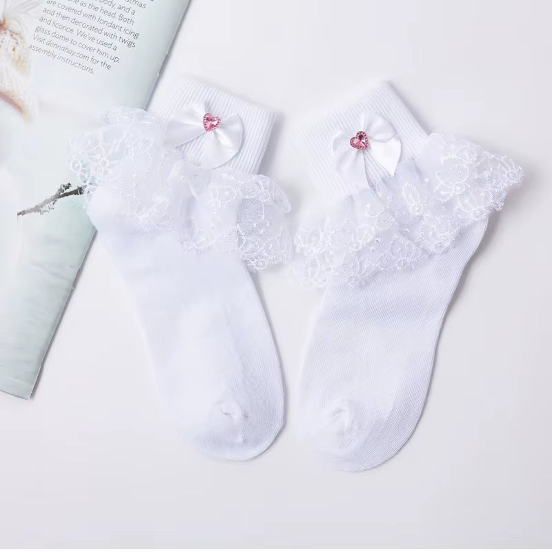 Girls' Cotton Lace Socks - White Princess Dance Socks for Children