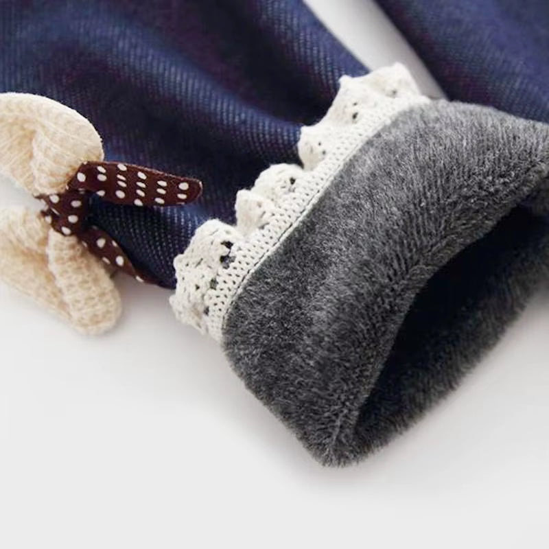 Girls' Thick Warm Jean Leggings with Bow Detail - Winter and Spring Trousers for Kids