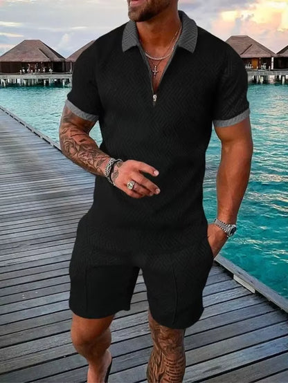 2026 Men's Fashion Polo Set - Solid Summer V-Neck Zipper Short Sleeve Shirt and Shorts Two-Piece Casual Suit