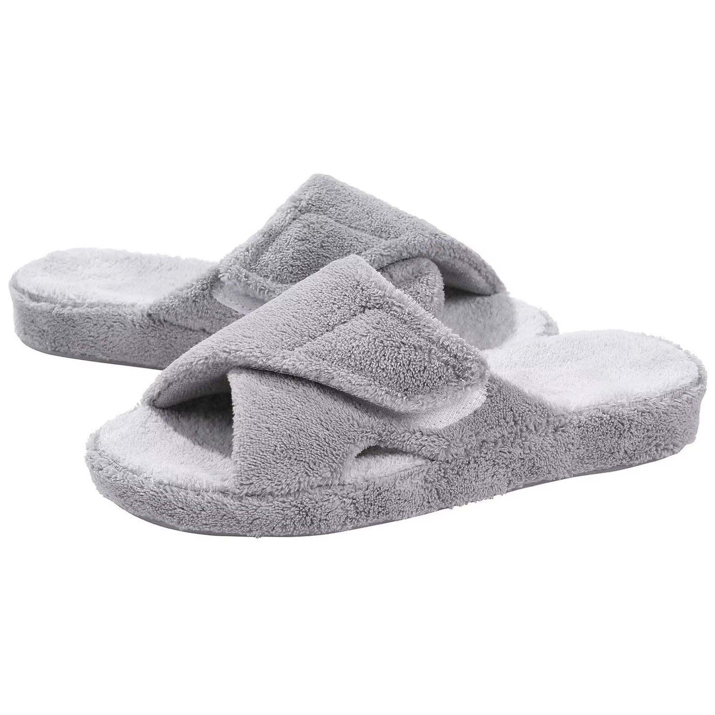 Women's Terry Cloth Fuzzy House Slippers with Arch Support - Open Toe Cotton Indoor Footwear for All Seasons