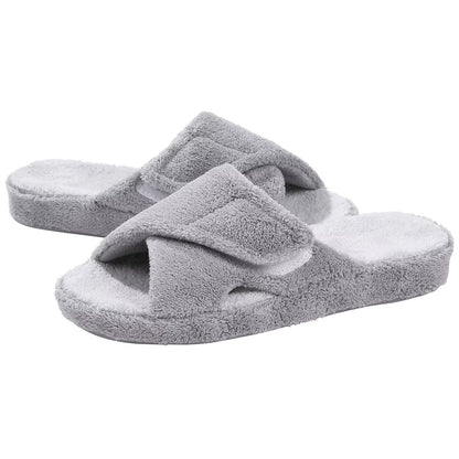 Women's Terry Cloth Fuzzy House Slippers with Arch Support - Open Toe Cotton Indoor Footwear for All Seasons