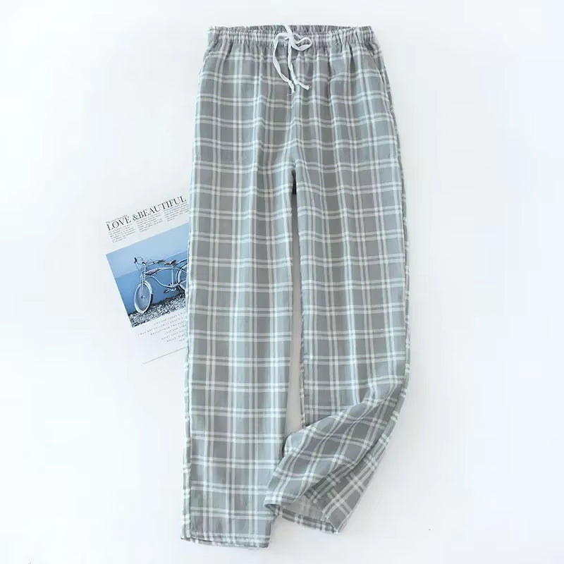 Men's Cotton Gauze Plaid Sleep Pants and Women's Pajama Bottoms for Couples