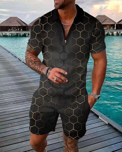 2026 Men's Fashion Polo Set - Solid Summer V-Neck Zipper Short Sleeve Shirt and Shorts Two-Piece Casual Suit